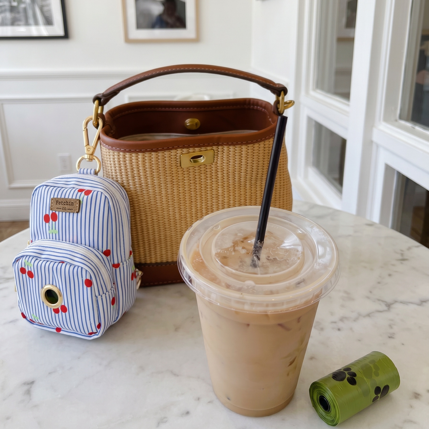 Cherry Pin Stripe Mini Backpack Pet Waste Bag & Treat Holder