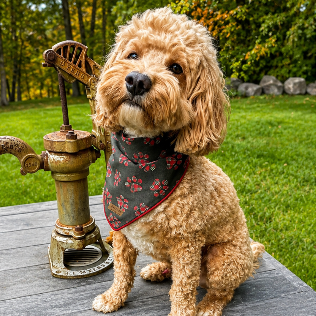 Green Plaid Paw Print Bandana
