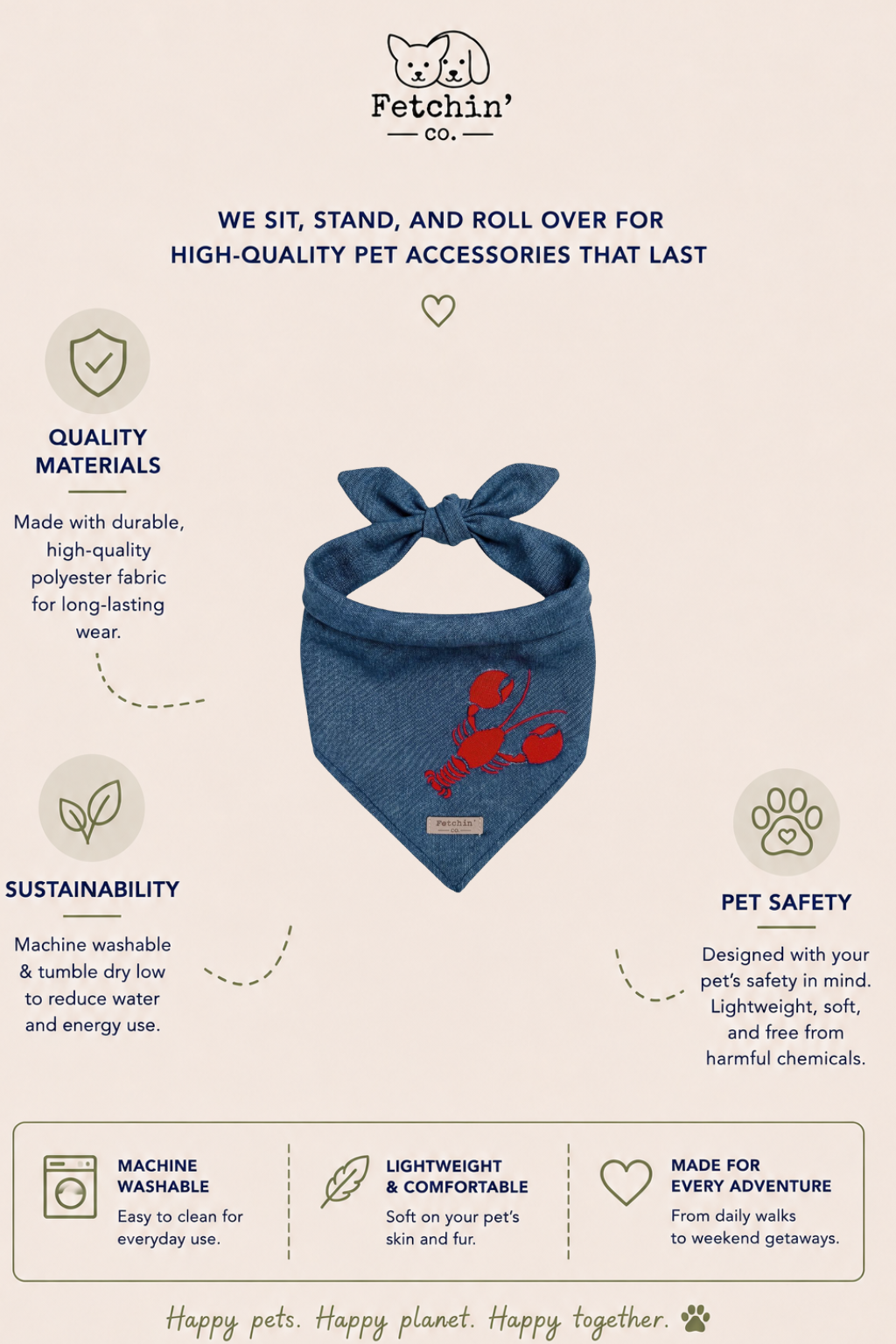 Chambray Embroidered Lobster Bandana