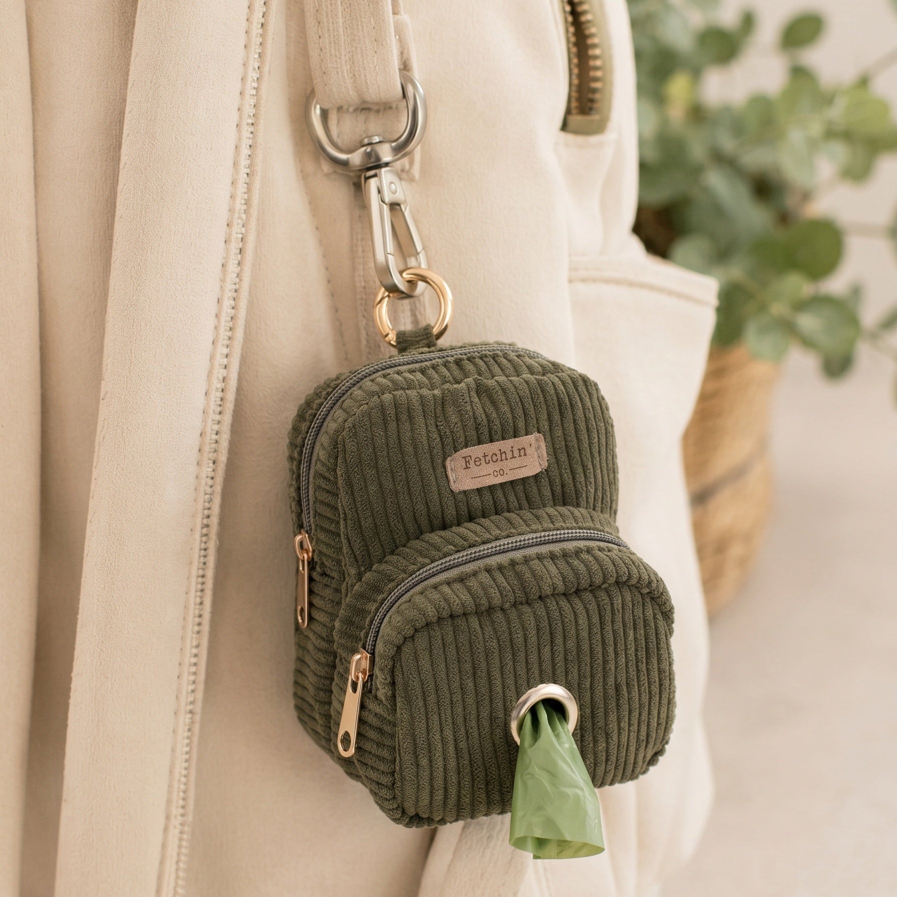 Green Corduroy Mini Backpack Pet Waste Bag & Treat Holder