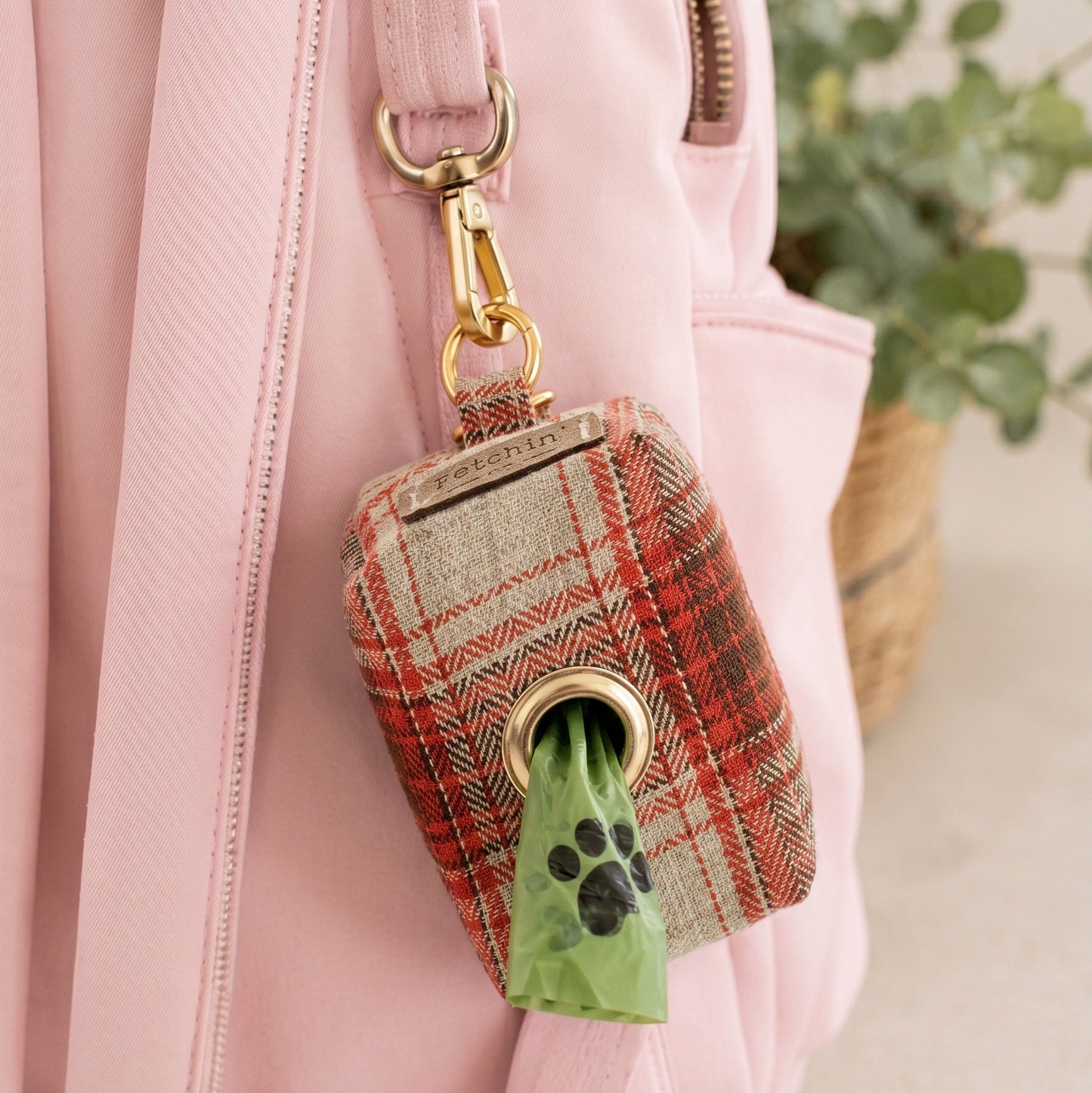 Rust Plaid Pet Waste Bag Holder