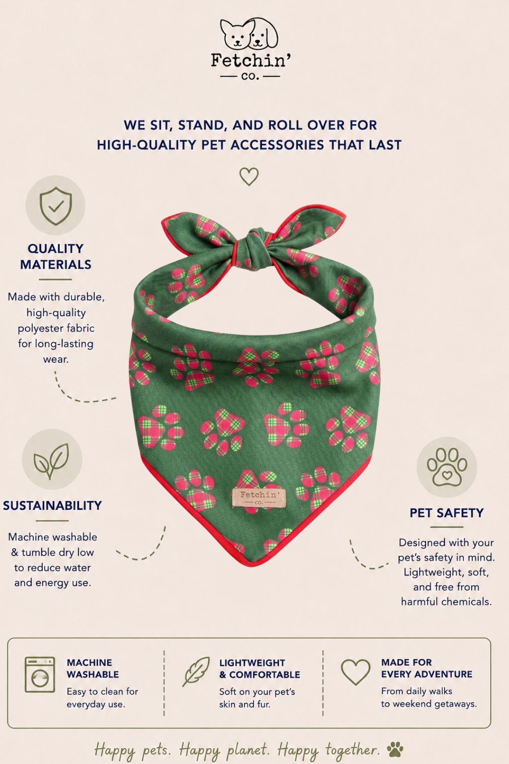Green Plaid Paw Print Bandana