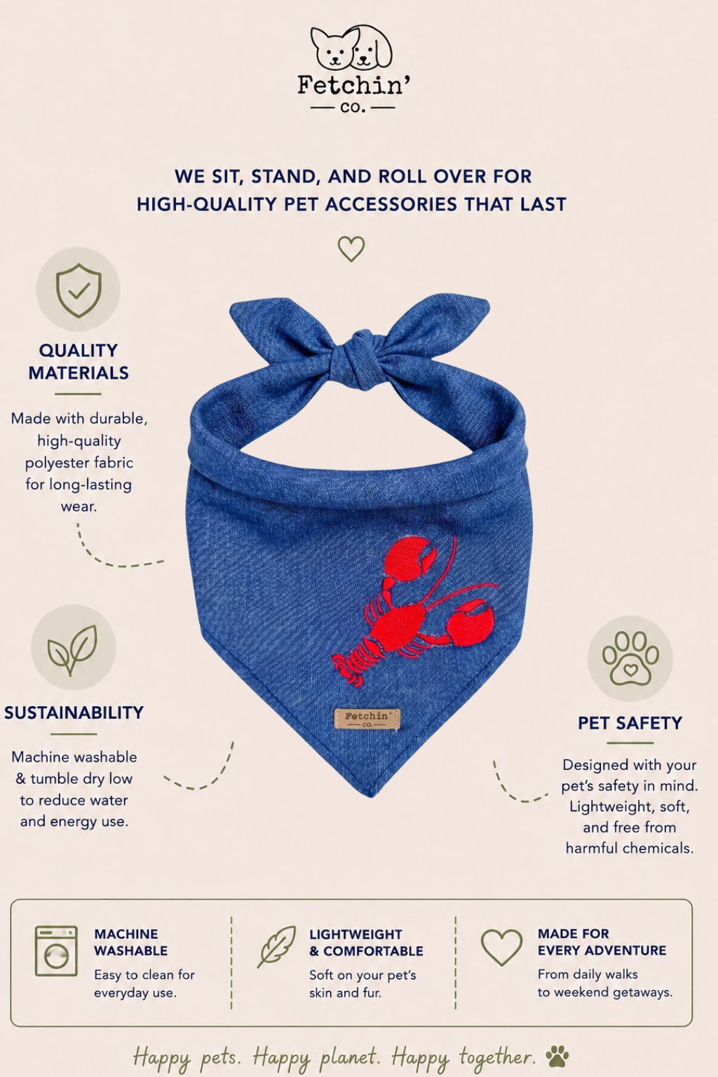 Chambray Embroidered Lobster Bandana